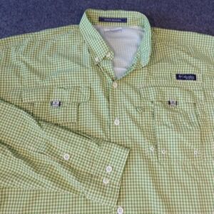 Columbia PFG Super Bahama Mens Large Green Gingham Long Sleeve Fishing Shirt
